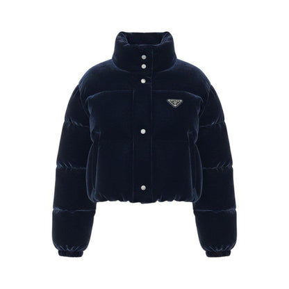 Prada Velvet Velour Cropped Down Jacket 36 Navy