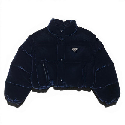Prada Velvet Velour Cropped Down Jacket 36 Navy — view 2