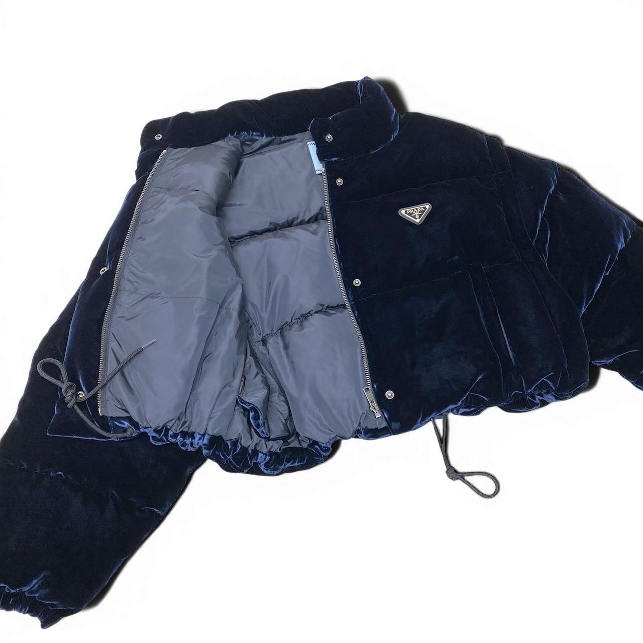 Prada Velvet Velour Cropped Down Jacket 36 Navy — view 4