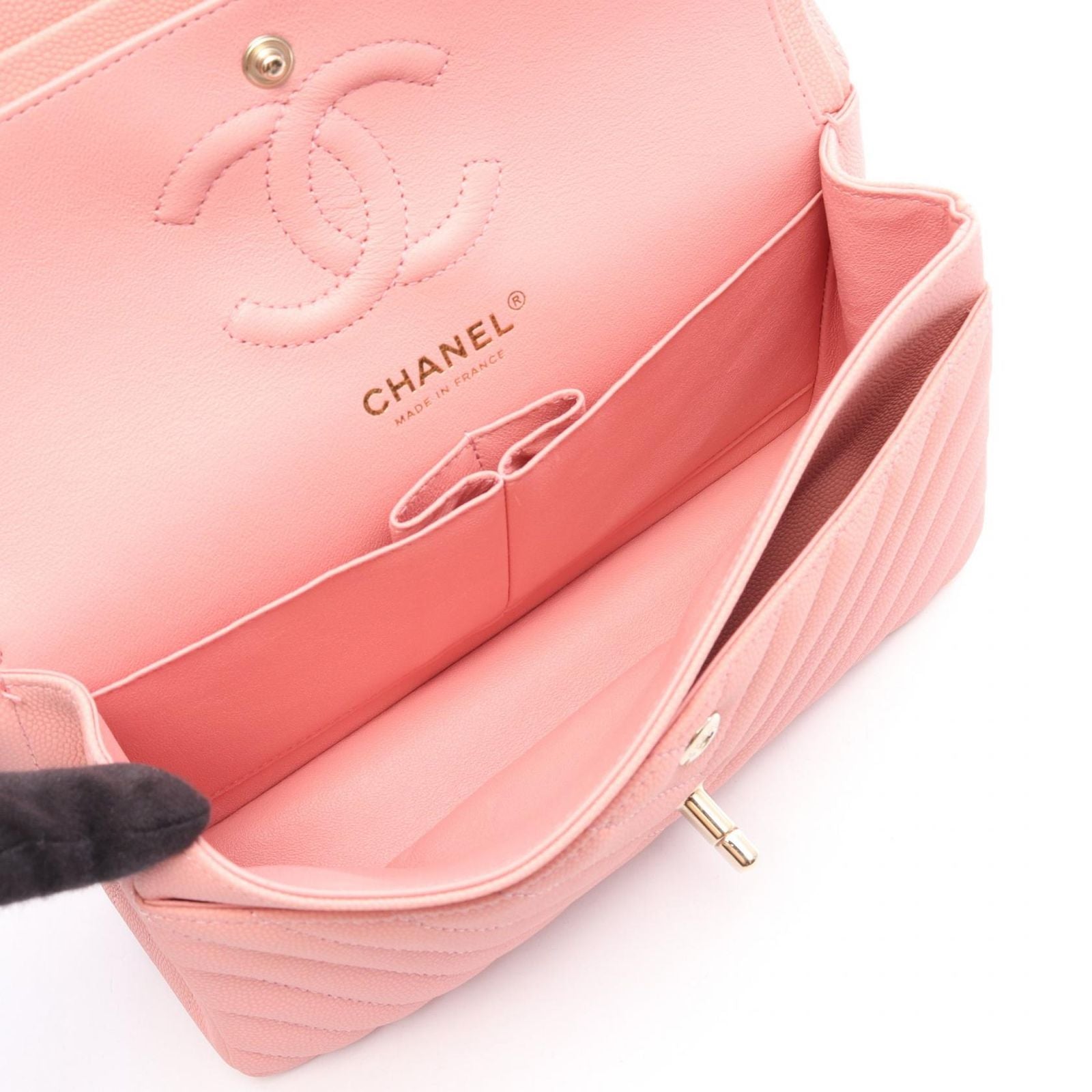 Chanel Shoulder Bag Quilted Double Flap Pink Caviar Leather Chevron V-Stitch — view 3