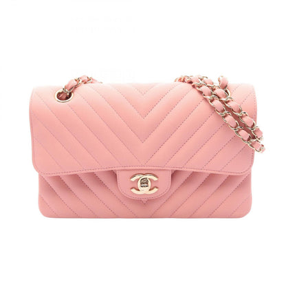 Chanel Shoulder Bag Quilted Double Flap Pink Caviar Leather Chevron V-Stitch