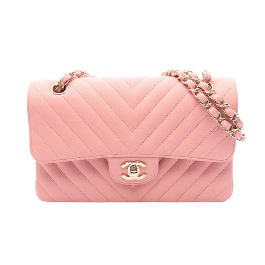 Chanel Shoulder Bag Quilted Double Flap Pink Caviar Leather Chevron V-Stitch