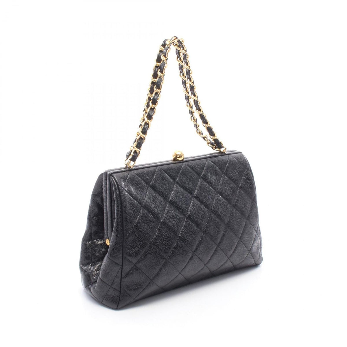 Chanel Handbag Quilted Black Caviar Leather Kiss Lock Chain — view 2