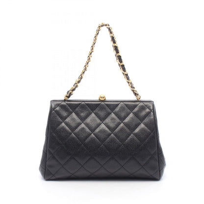 Chanel Handbag Quilted Black Caviar Leather Kiss Lock Chain