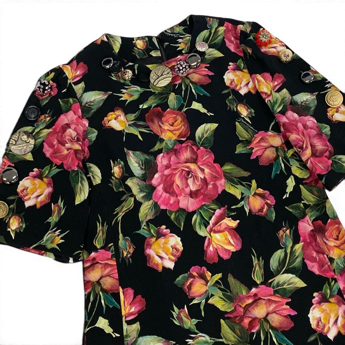 Dolce & Gabbana Rose Print Short Sleeve Dress Pleated Contrast Floral Decorative — view 4