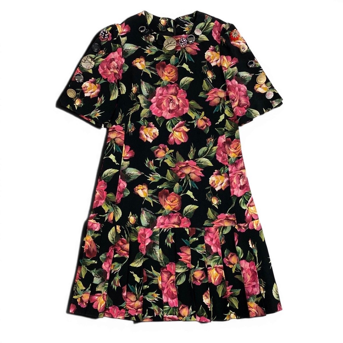 Dolce & Gabbana Rose Print Short Sleeve Dress Pleated Contrast Floral Decorative — view 2