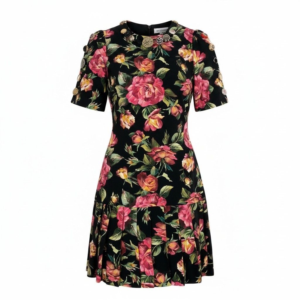 Dolce & Gabbana Rose Print Short Sleeve Dress Pleated Contrast Floral Decorative