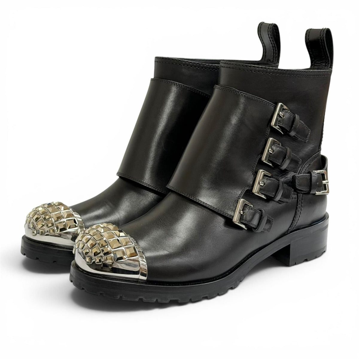 Miu Miu Square Studs Logo Cap Toe Leather Biker Boots Black