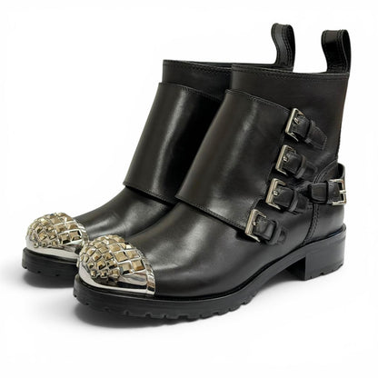 Miu Miu Square Studs Logo Cap Toe Leather Biker Boots Black