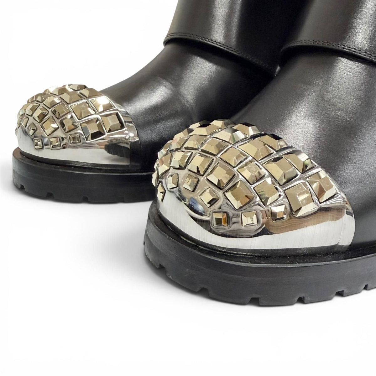 Miu Miu Square Studs Logo Cap Toe Leather Biker Boots Black — view 7
