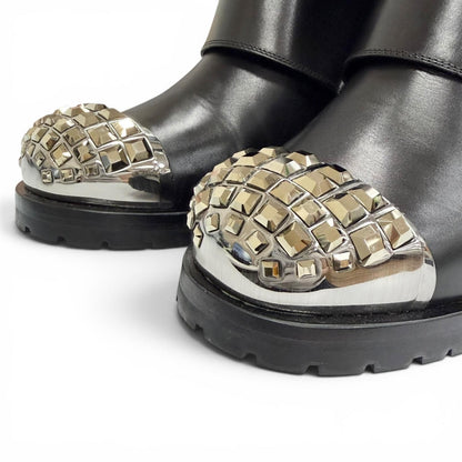 Miu Miu Square Studs Logo Cap Toe Leather Biker Boots Black — view 7