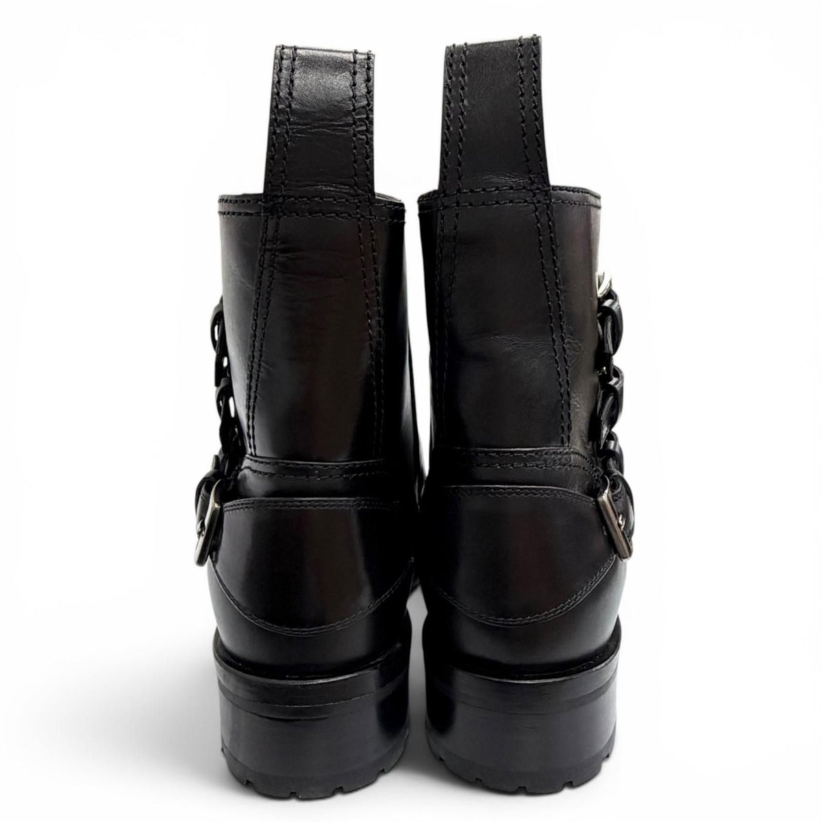 Miu Miu Square Studs Logo Cap Toe Leather Biker Boots Black — view 5