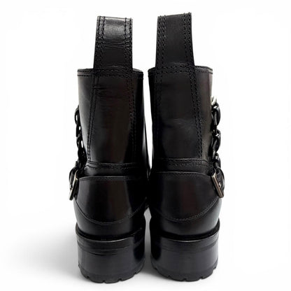 Miu Miu Square Studs Logo Cap Toe Leather Biker Boots Black — view 5