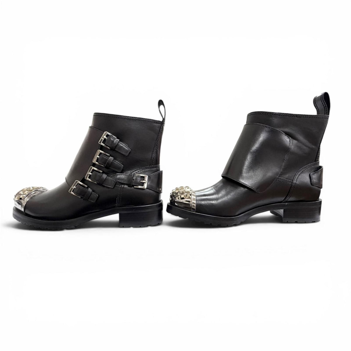 Miu Miu Square Studs Logo Cap Toe Leather Biker Boots Black — view 3