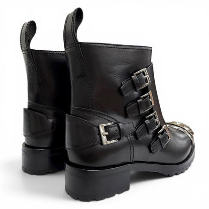 Miu Miu Square Studs Logo Cap Toe Leather Biker Boots Black — view 6