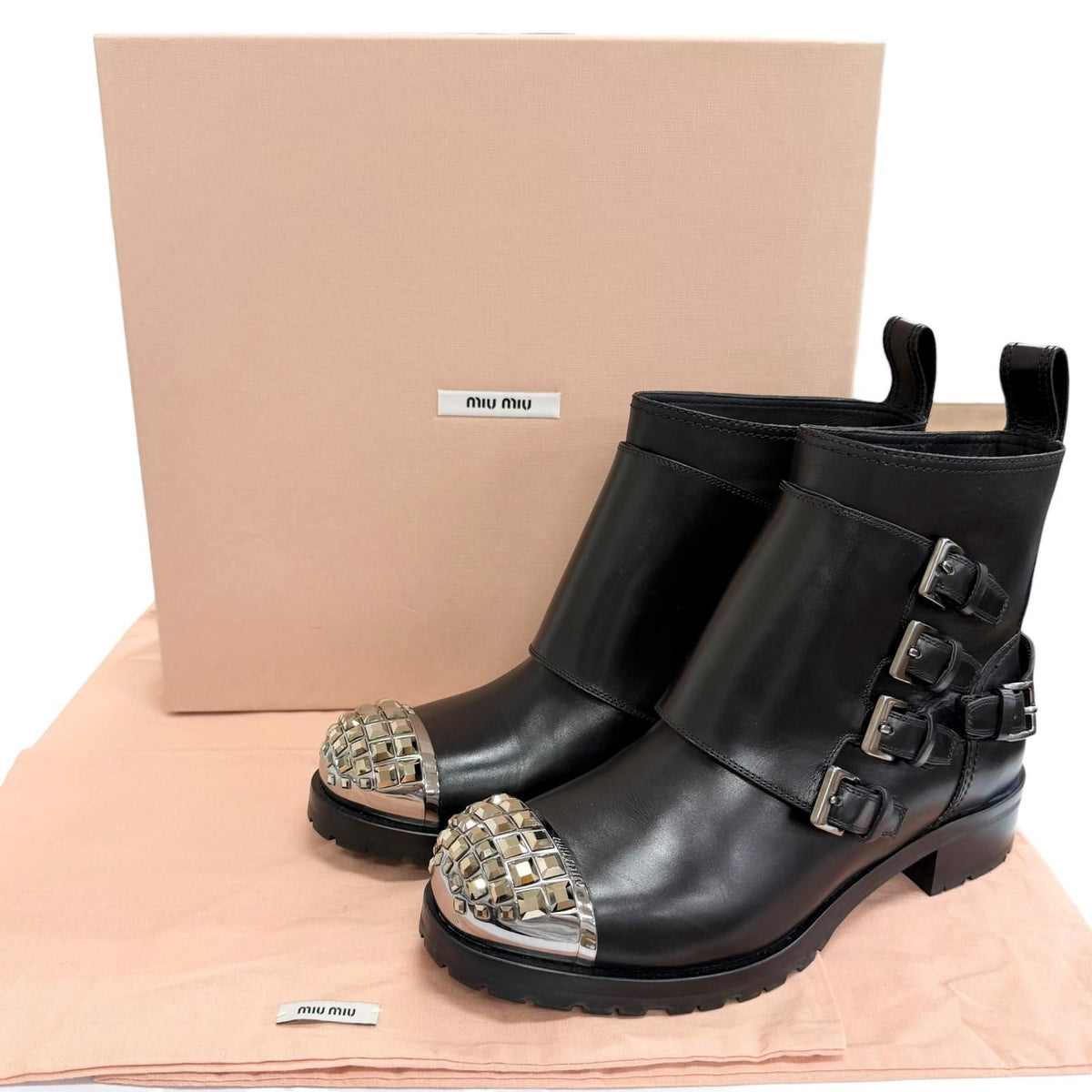 Miu Miu Square Studs Logo Cap Toe Leather Biker Boots Black — view 2