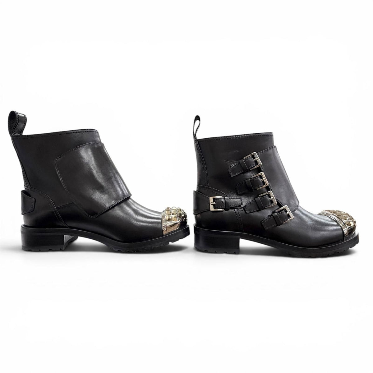 Miu Miu Square Studs Logo Cap Toe Leather Biker Boots Black — view 4
