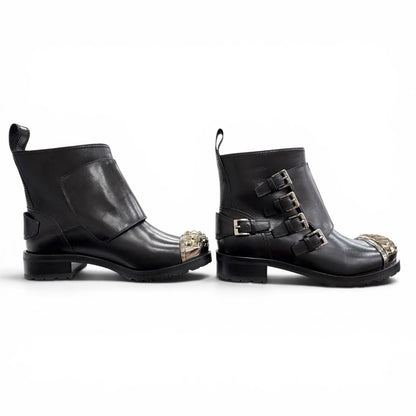 Miu Miu Square Studs Logo Cap Toe Leather Biker Boots Black — view 4