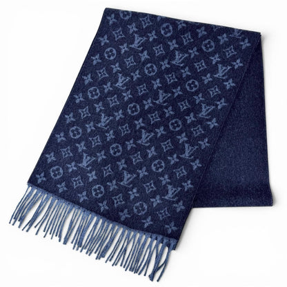 Louis Vuitton Echarpe Monogram Gradient Cashmere Wool Fringe Scarf Navy