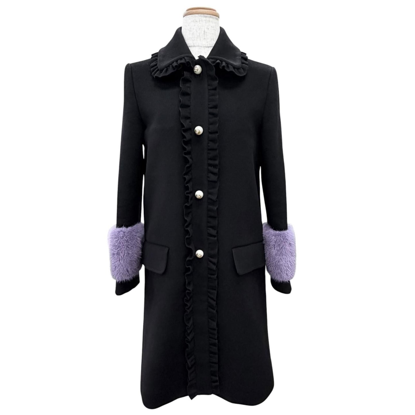 Gucci Wool Mink Interlocking G Pearl Button Frill Coat