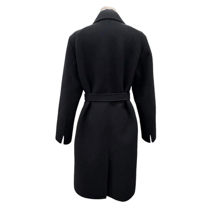 Max Mara White Tag 100% Virgin Wool Belt Wrap Coat Long Simple Black 36 — view 4