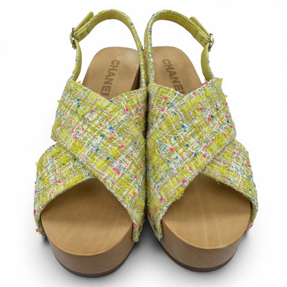 Chanel CC Logo Backstrap Tweed Wedge Sole Sandals Yellow — view 3