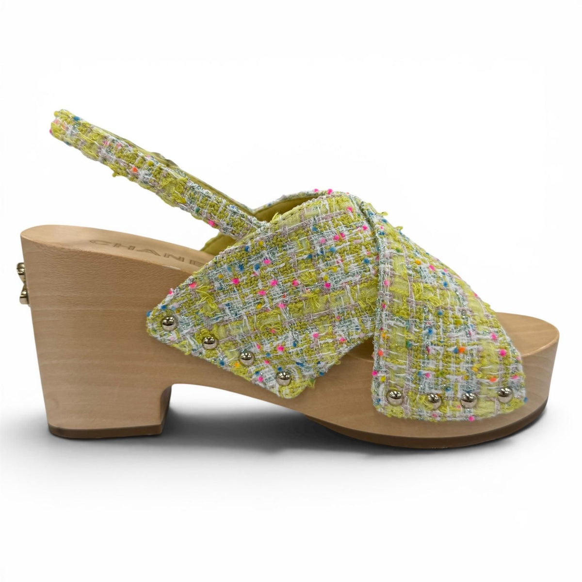 Chanel CC Logo Backstrap Tweed Wedge Sole Sandals Yellow — view 5