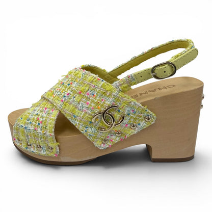 Chanel CC Logo Backstrap Tweed Wedge Sole Sandals Yellow — view 4