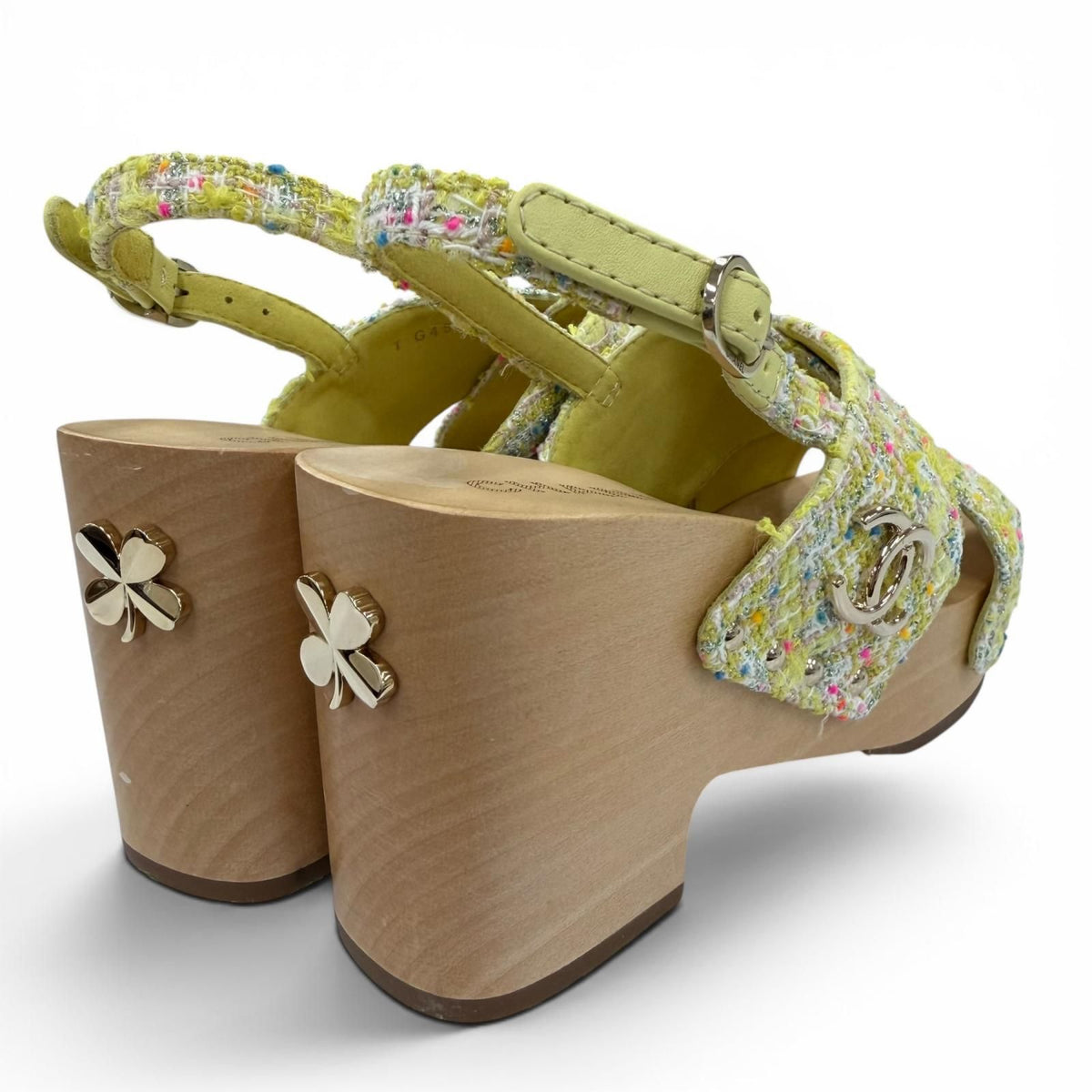 Chanel CC Logo Backstrap Tweed Wedge Sole Sandals Yellow — view 2
