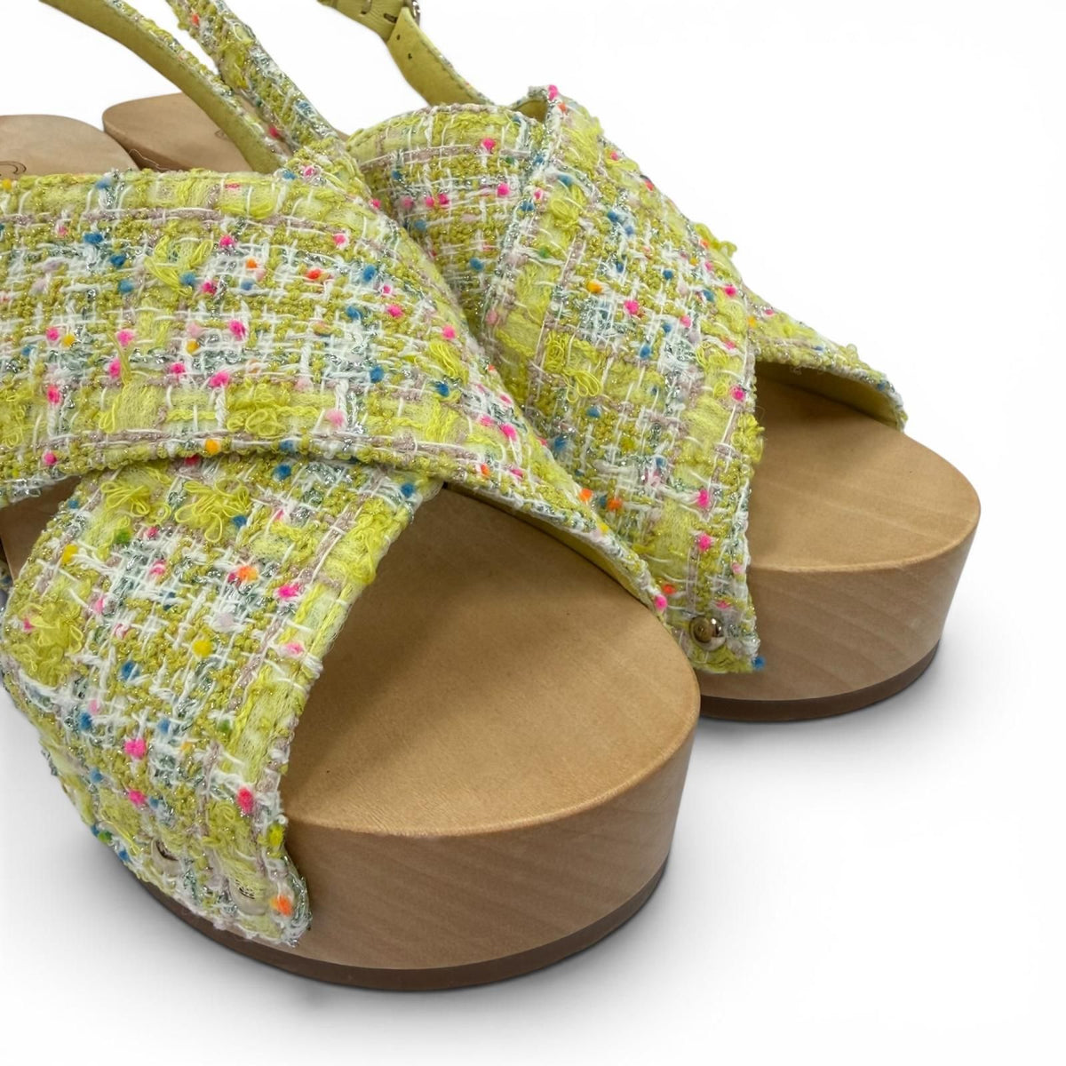 Chanel CC Logo Backstrap Tweed Wedge Sole Sandals Yellow — view 7