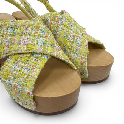 Chanel CC Logo Backstrap Tweed Wedge Sole Sandals Yellow — view 7