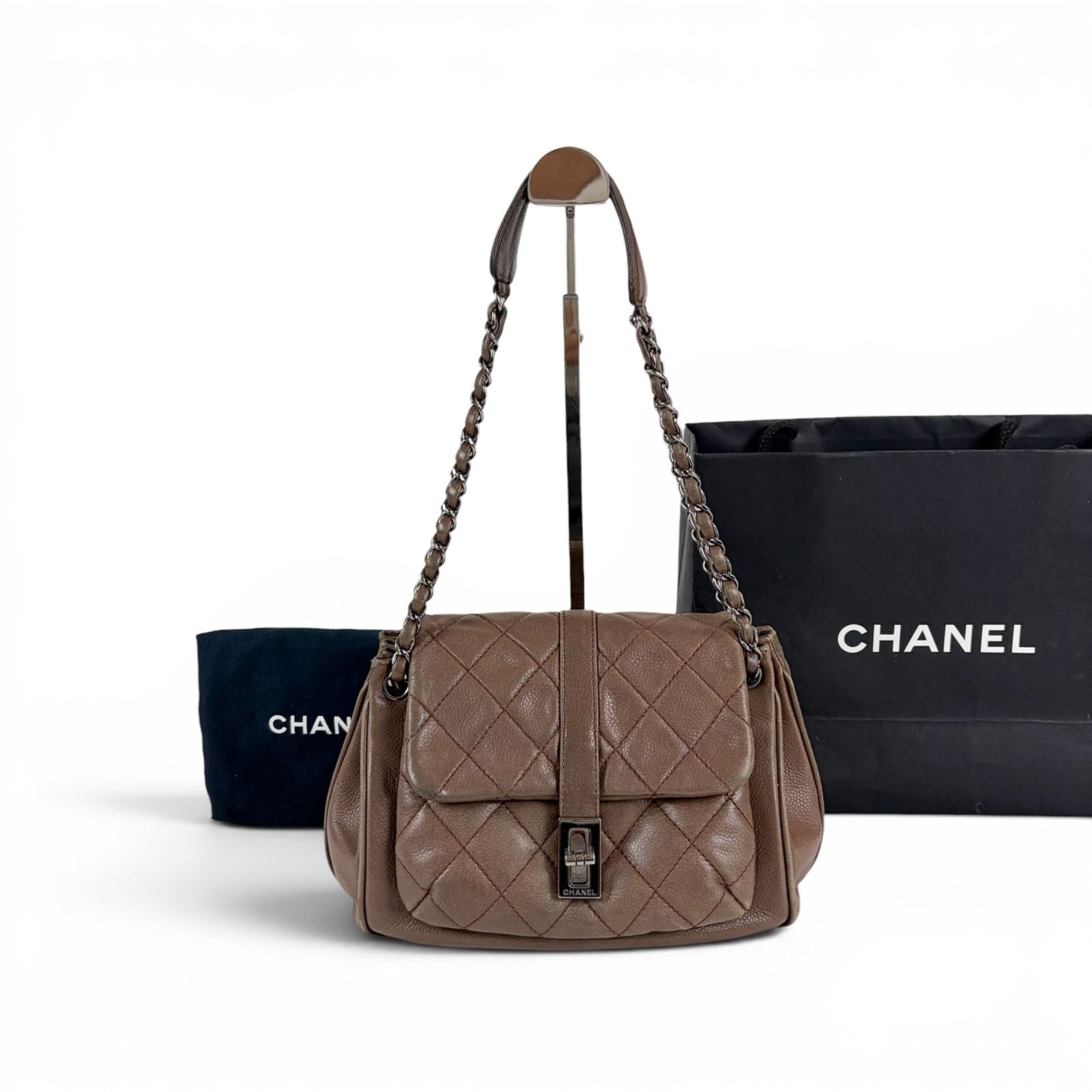 Chanel 2.55 Chain Shoulder Bag Caviar Leather Mademoiselle Lock Quilted Brown