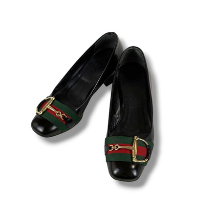 Gucci Horsebit Sherry Line Pumps Square Toe Hasurabit Black Leather Half Heel 34 — view 2
