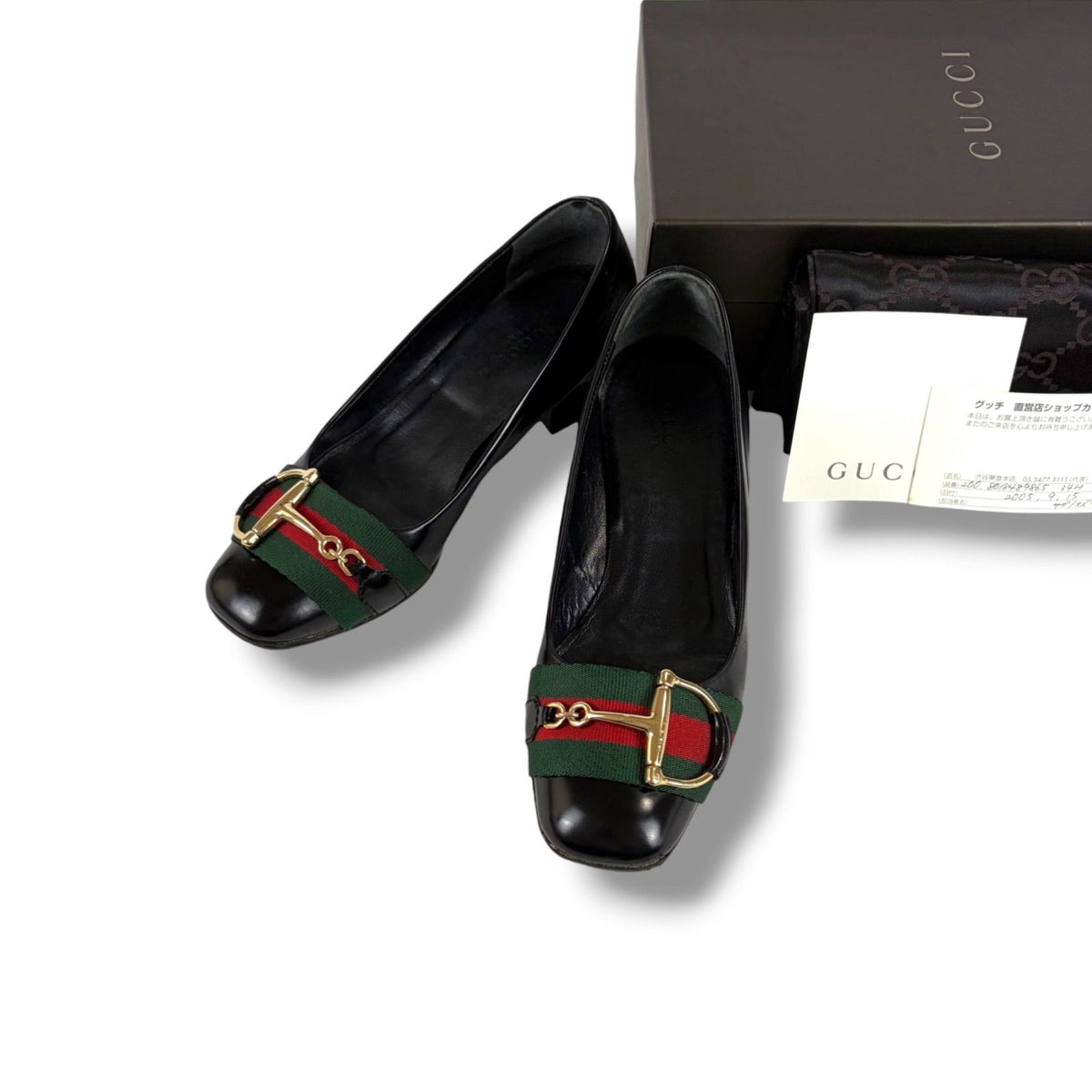 Gucci Horsebit Sherry Line Pumps Square Toe Hasurabit Black Leather Half Heel 34
