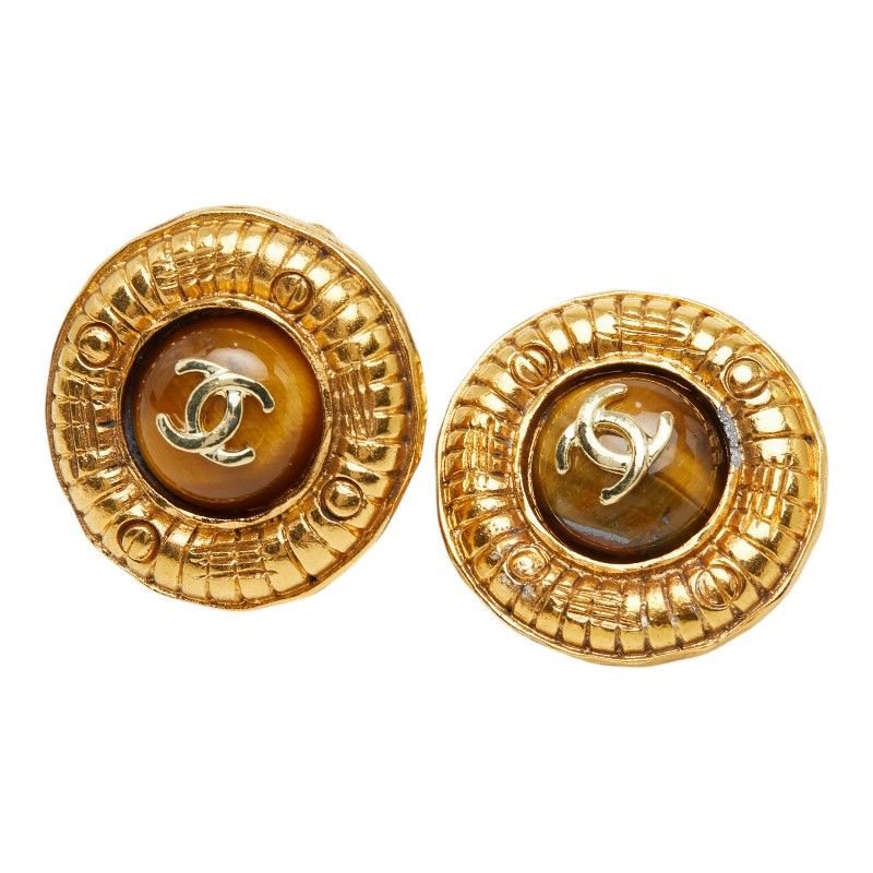 Chanel CC Logo Vintage Round Earrings Gold Brown Plated Tiger