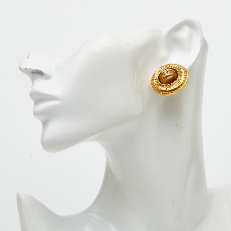 Chanel CC Logo Vintage Round Earrings Gold Brown Plated Tiger — view 5