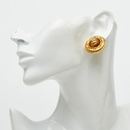 Chanel CC Logo Vintage Round Earrings Gold Brown Plated Tiger — view 5