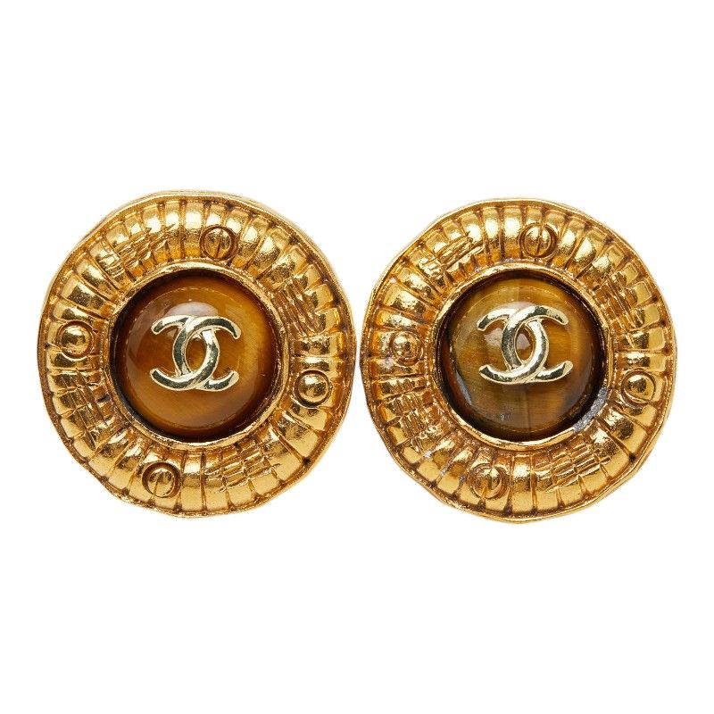 Chanel CC Logo Vintage Round Earrings Gold Brown Plated Tiger — view 2