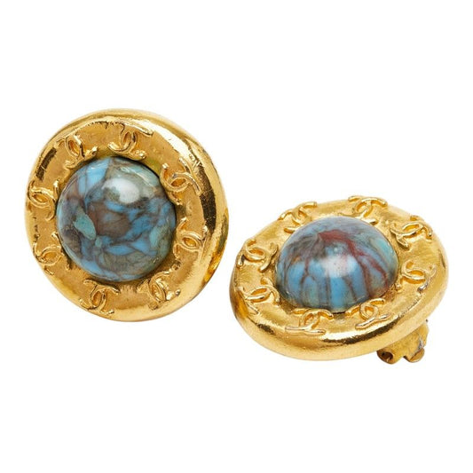 Chanel CC Logo Vintage Round Earrings Gold Blue Plated Turquoise