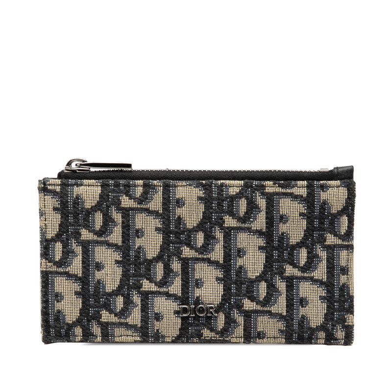 Dior Oblique Zip Card Holder Coin Case Fragment Beige Navy Jacquard