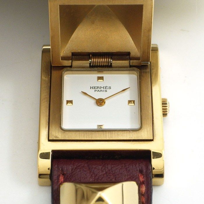 Hermes Watch Medallion Studs Square White Dial Red Leather Quartz Analog — view 2