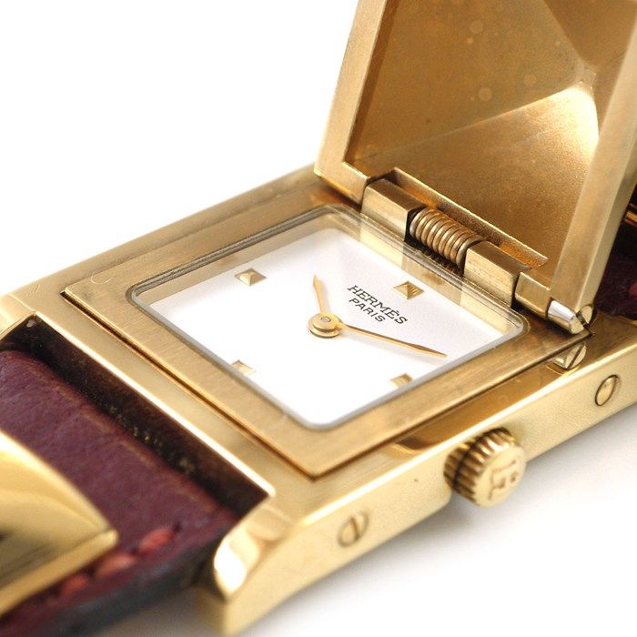 Hermes Watch Medallion Studs Square White Dial Red Leather Quartz Analog — view 3