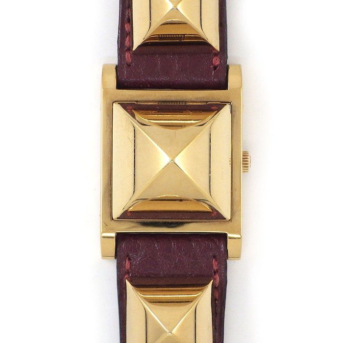 Hermes Watch Medallion Studs Square White Dial Red Leather Quartz Analog