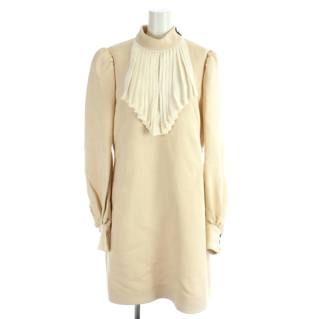 Louis Vuitton Dress Ruffle Calfskin Length Long Sleeve Pleats Ruffles 42 Beige