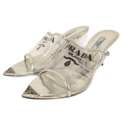 Prada Mules Triangle Logo Pointed Toe Clear Silver Color TQ 36