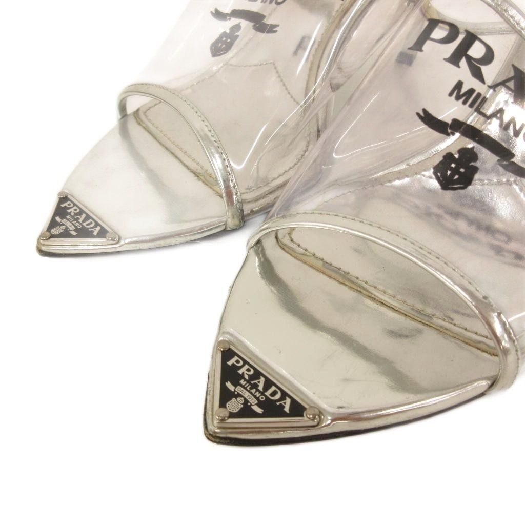 Prada Mules Triangle Logo Pointed Toe Clear Silver Color TQ 36 — view 5