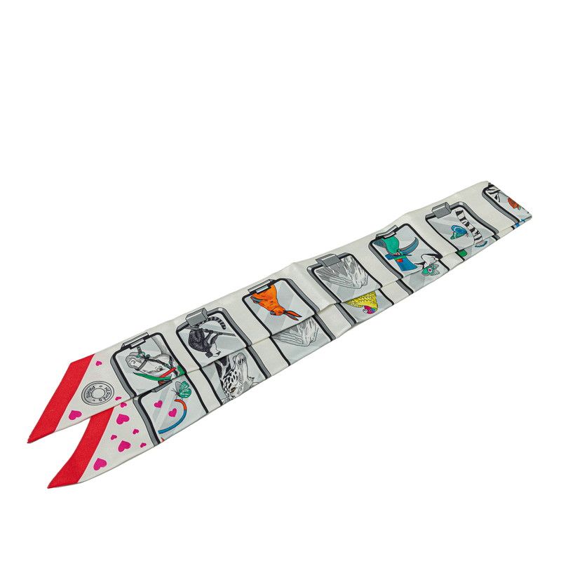 Hermes Twilly Story Scarf White Red Multicolor Silk