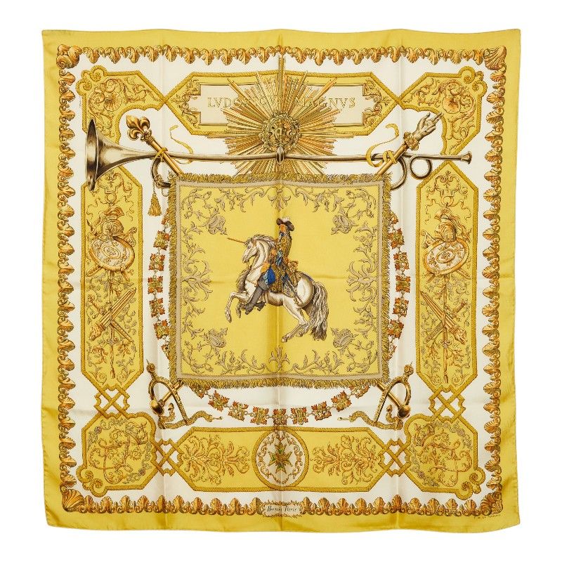 Hermes Carre 90 LV Dovicvs Magnvs White Louis Xiv On Horse Scarf Yellow Silk