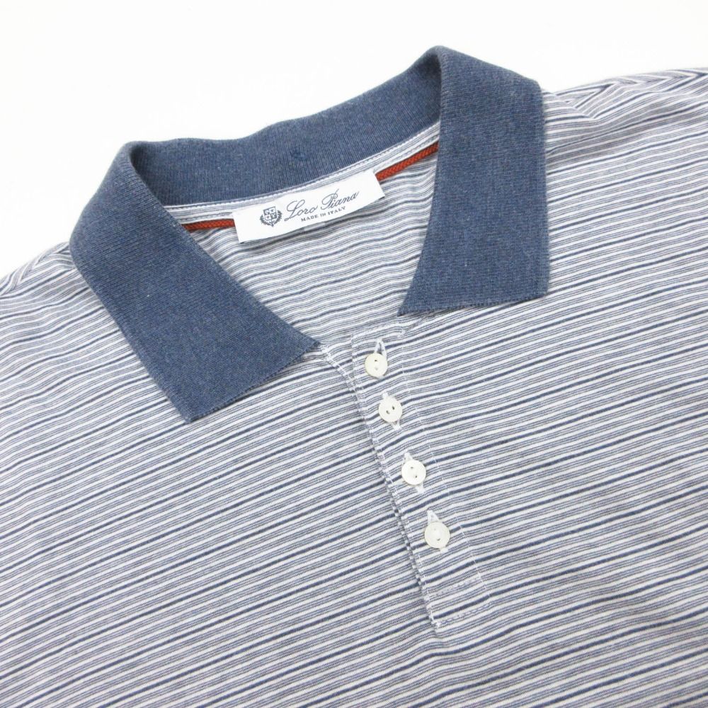 Loro Piana Polo Shirt Short Sleeve Border Pattern Cotton Stretch Top Navy — view 4