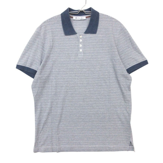 Loro Piana Polo Shirt Short Sleeve Border Pattern Cotton Stretch Top Navy